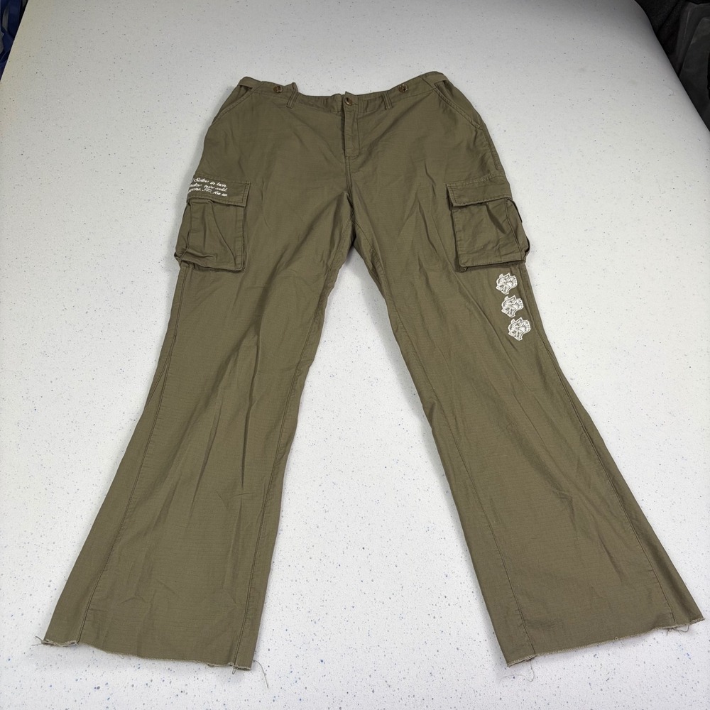 Y2K Military Cargo Flare‎ Pants Olive Green Distressed Streetwear 38 Darc Sport
